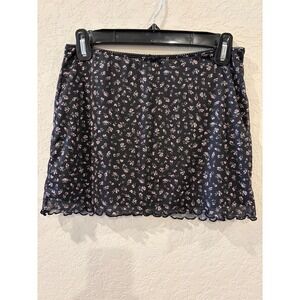 H&M Divided Black Pink Floral Mesh Mini Skirt Lettuce Edge Bow Size S